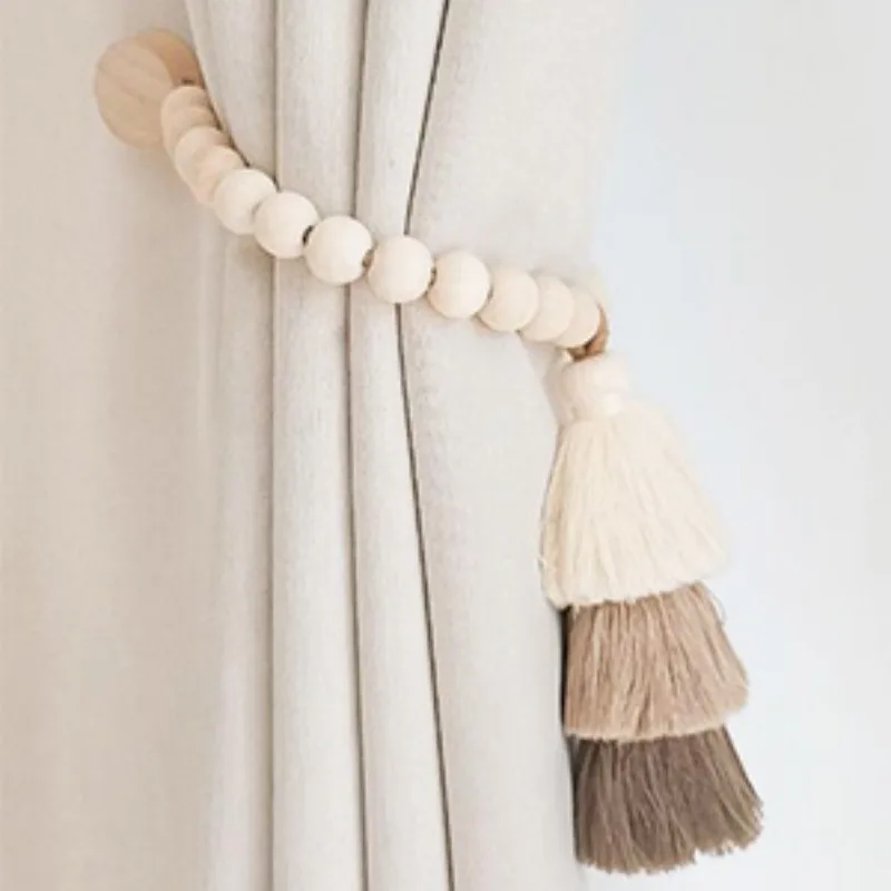 2pcs Bohemian Farmhouse Curtain Ties - Handmade Wooden Bead Curtain Ties for Bedroom and Living Room Home Decor