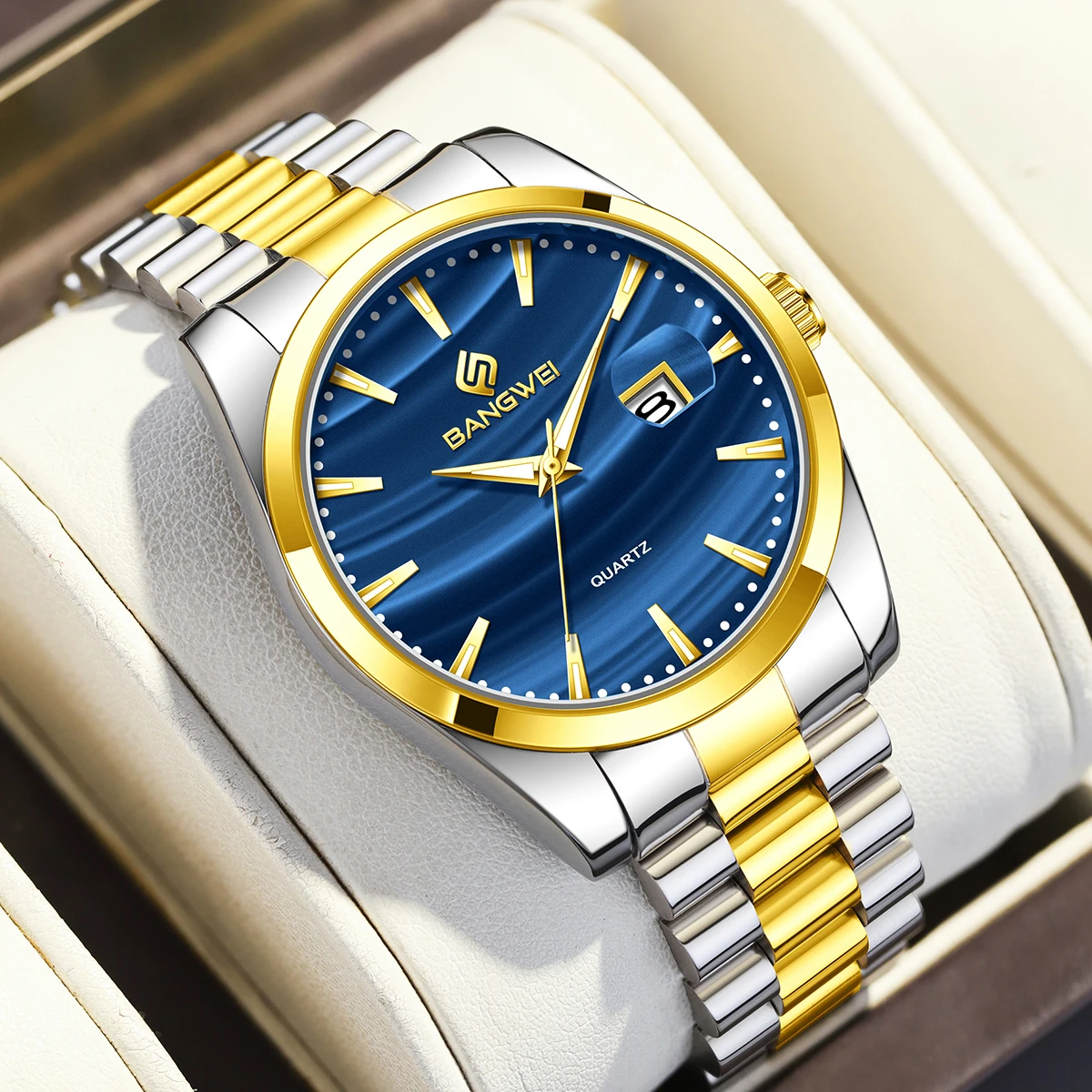 BANGWEI Business Herren-Quarz-Armbanduhr, automatisches Datum, Stahl-Herrenuhr, wasserdicht, leuchtend, luxuriöse Modeuhren für Herren + Box