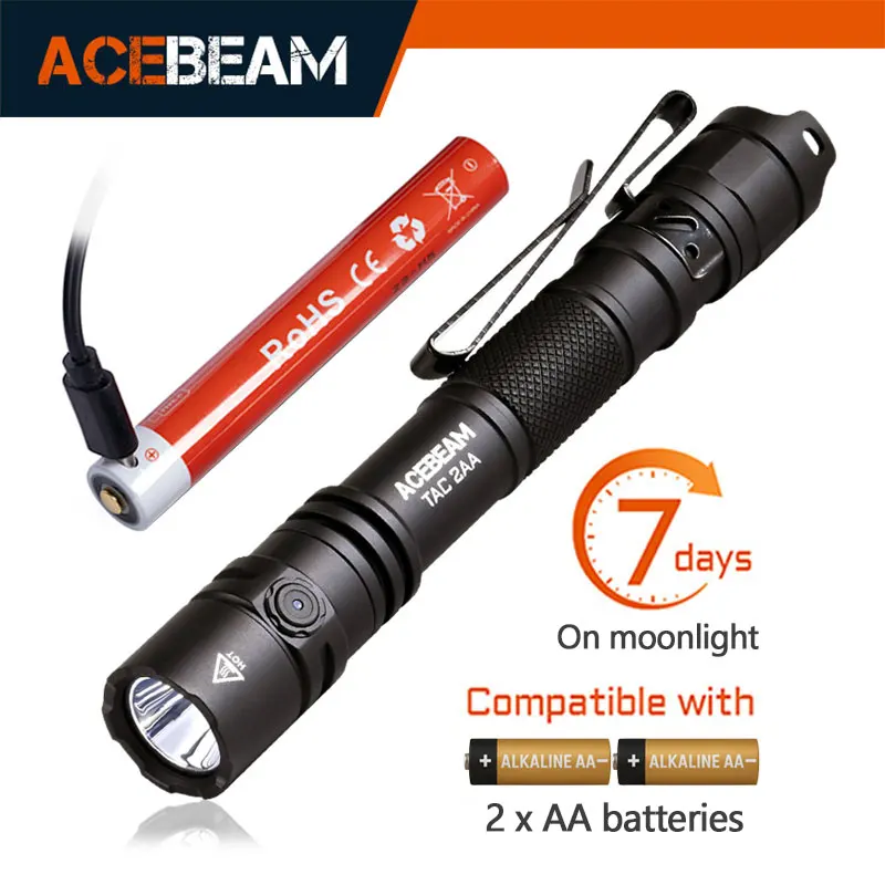 ACEBEAM TAC 2AA EDC-Taschenlampe, wiederaufladbar, breites Spannungsbereich (1,2–4,8 V), LED-Taschenlampe mit Selbstverteidigungs-Stroboskop-Modus, Taschenlampen für Camping