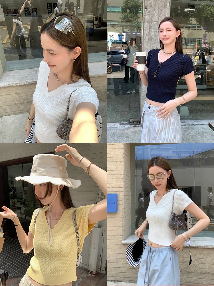 

Женская футболка 3C Spor Girl Korean Sle Pure Color V-Ne Ice Linen Texture, свободный топ ort Sve