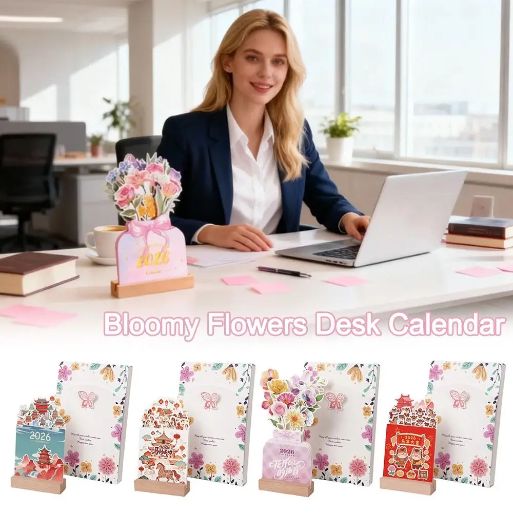 

Wooden Base 2026 Desktop Calendar Vase Shaped Detachable Base Bloomy Flowers Desk Calendar Date Display DIY Standing Calendar