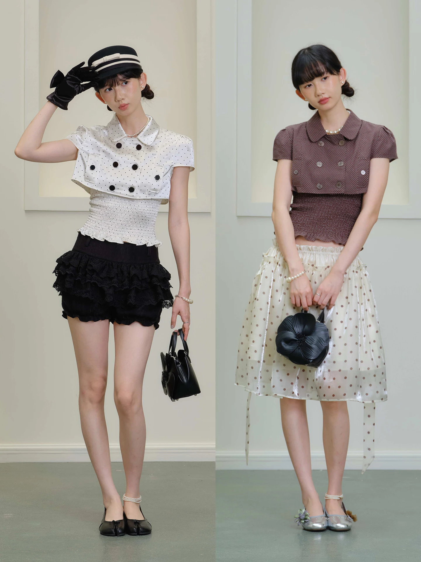 

SelfMing Polka Dot Embroidery Short Doll Collar Shirt Wrap Bustier Two Piece Set Layering Elegant Style Cotton Polyester Bubb...