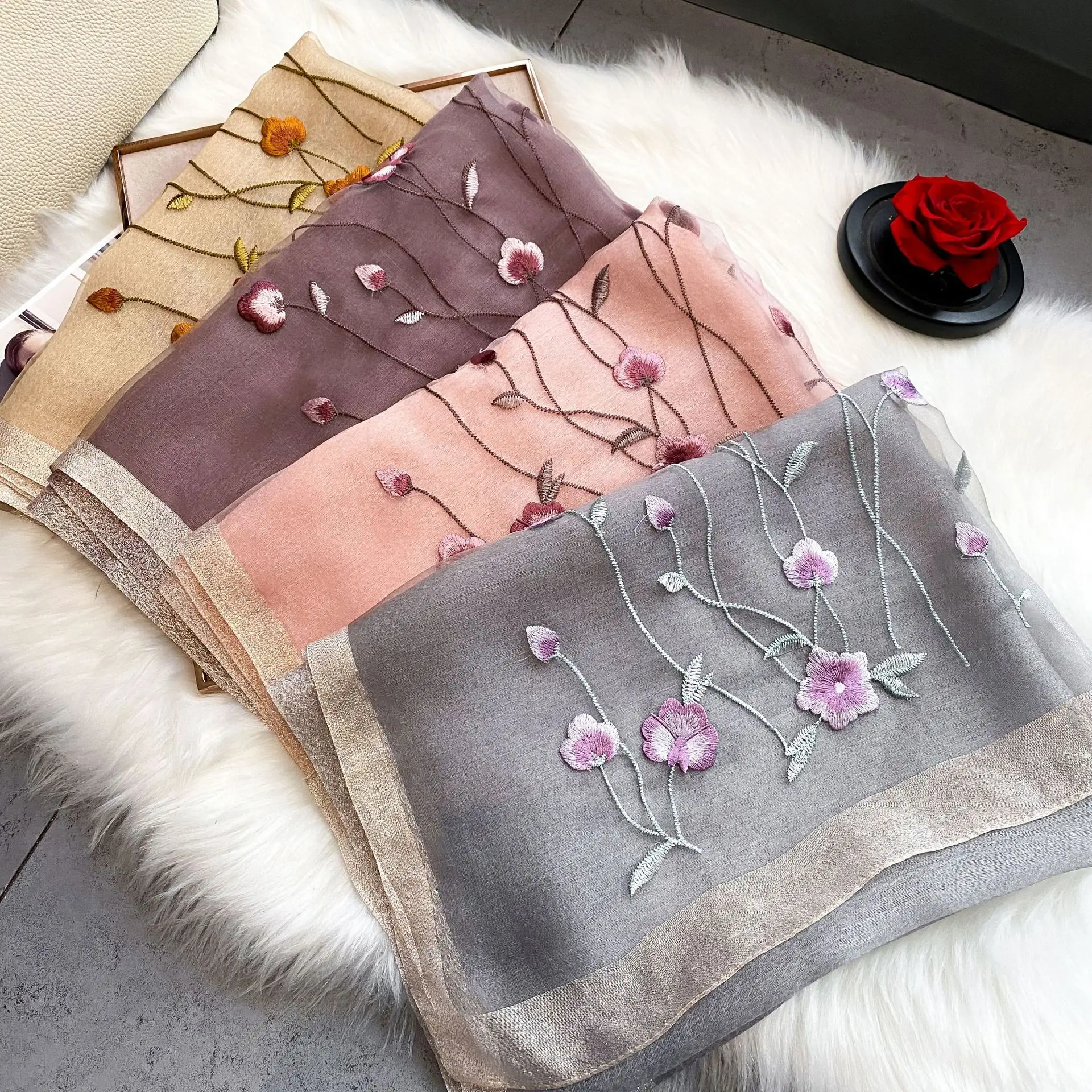 Beach Headscarf Women solid Scarf Silk Wool Embroidery Floral Female Thin Foulard Bufanda Hijab Shawls Wraps Pashmina Scarves