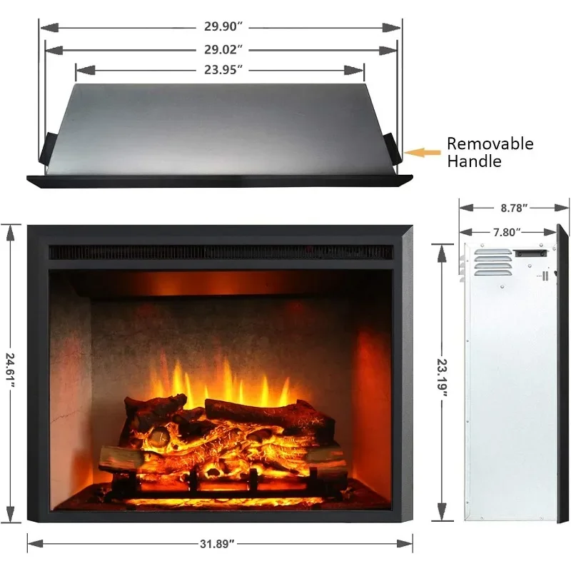 30 Inches, Edward Electric Fireplace Insert with Fire Crackling Sound, Weathered Concrete Interior, Remote Control, 750/1500W