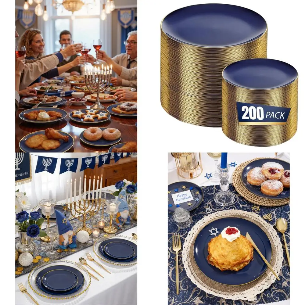 

Navy Blue Disposable Plates with Gold Rim - 100 10-Inch Dinner & 7-Inch Dessert Plates for Parties and Hanukkah Celebrations