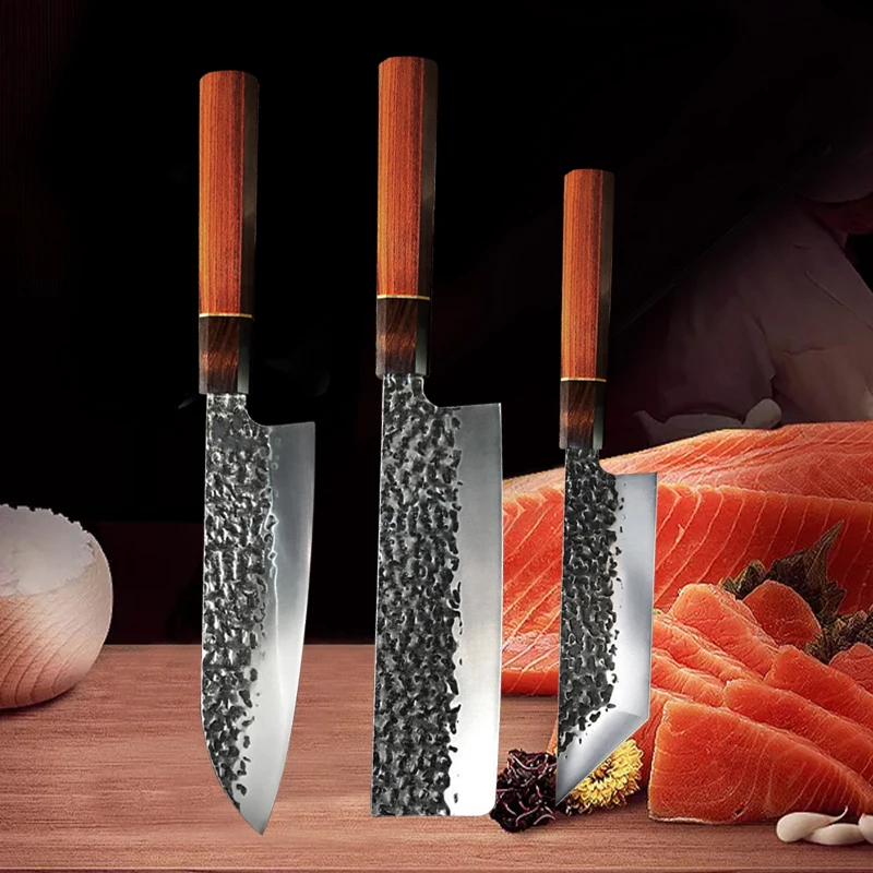 NONE Japanische Küchenmesser Gehämmertes Kochmesser 90Cr18MoV Edelstahl Santokumesser Fleischbeil Lachs Sushi Schneidemesser 4