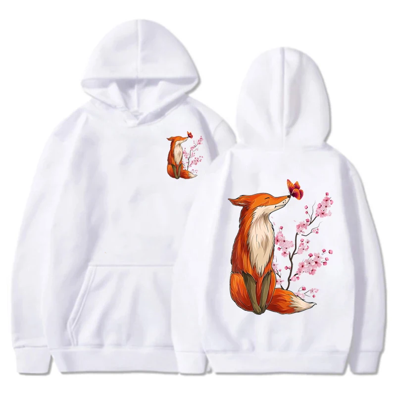 Hoodie for Women Harajuku Streetwear Japanese Fox Cherry Blossom Flower Sakura Anime Sweatshirt Autumn Winter Girl Hooded Hoody