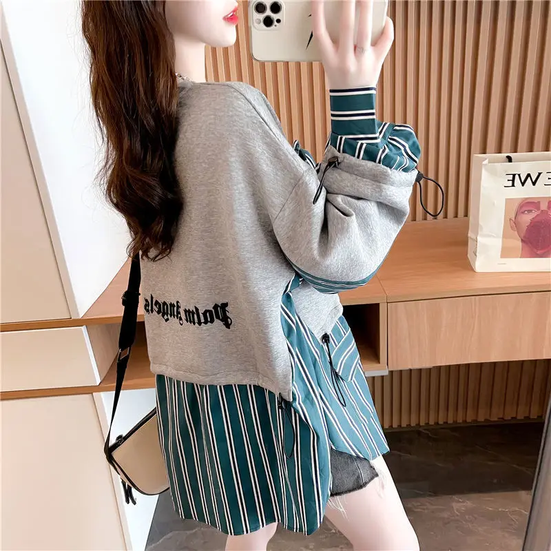 Spring Autumn Thin Women\'s Clothing Loose Office Lady Simplicity Korean Streetwear Patchwork Printing Striped O-neck T-Shirts