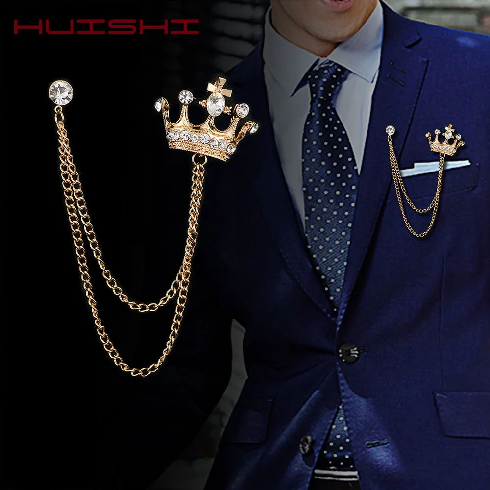 Crown Chain Brooch Vintage Tassel Crystal Brooch Temperament Rhinestone Lapel For Women Dress Mens Shirt Suit Set Collar Jewelry