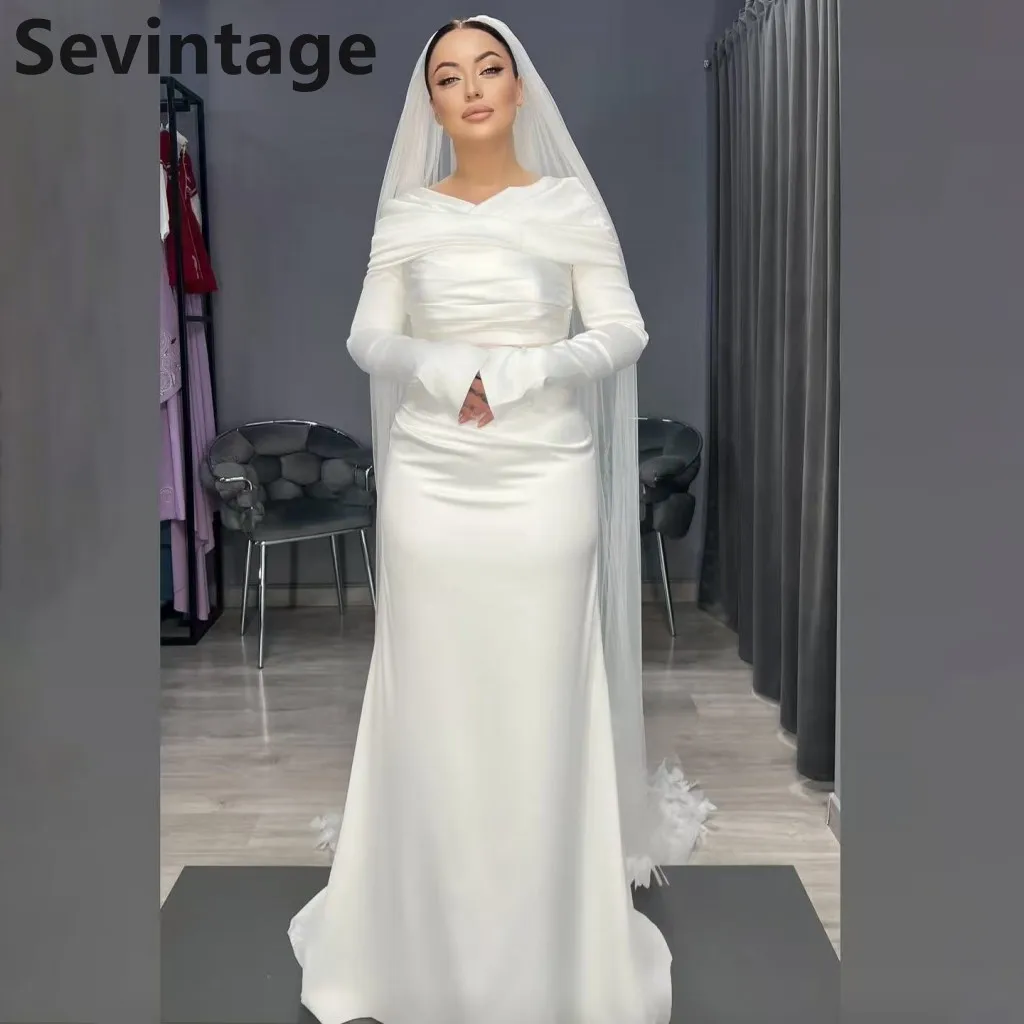 

Sevintage 2025 Elegant Simple Long Sleeve Muslim Satin Wedding Dress Customized Bridal Gowns