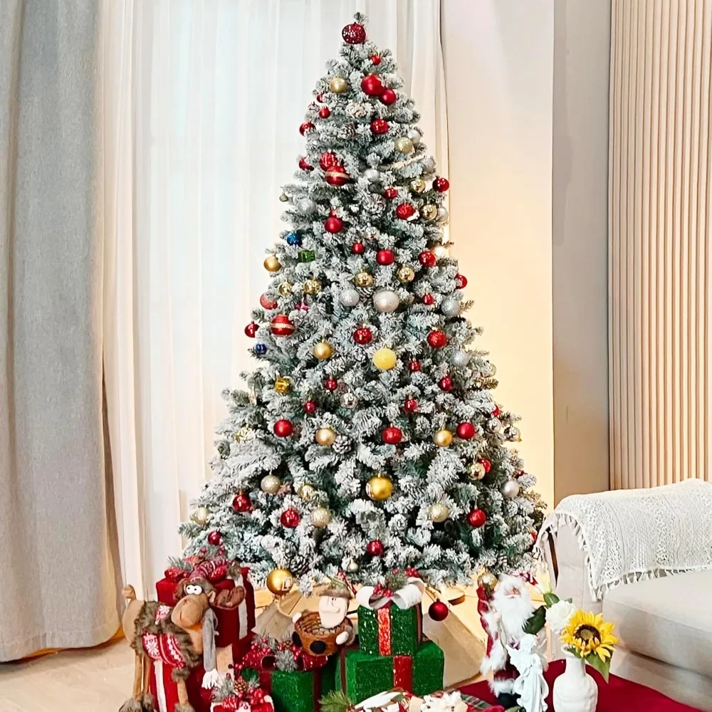 Snow Flocked Artificial Christmas Tree with Pine Cones, 1032 Tips, Metal Stand and Hinged Branches