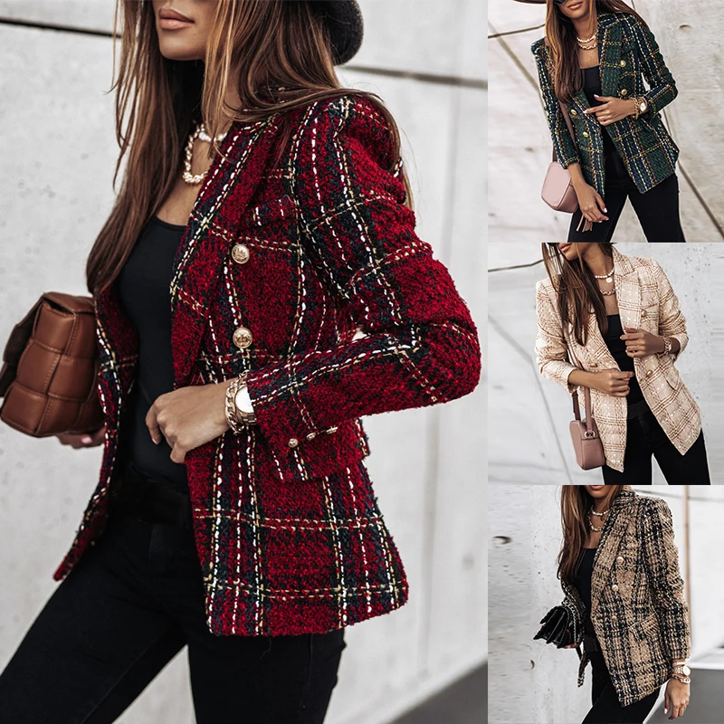 Ladies Plaid Blazer 2022 Women Spring-Autumn Vintage Suits Jackets Office Ladies Chic Slim Blazers Girls Tassel Tops Coat