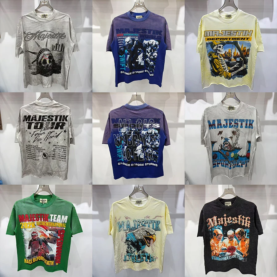 MAJESTIK T-Shirt American High Street Streetwear Washed Distressed Collection Rhinestone Letter Summer Men Short Sleeve Tee