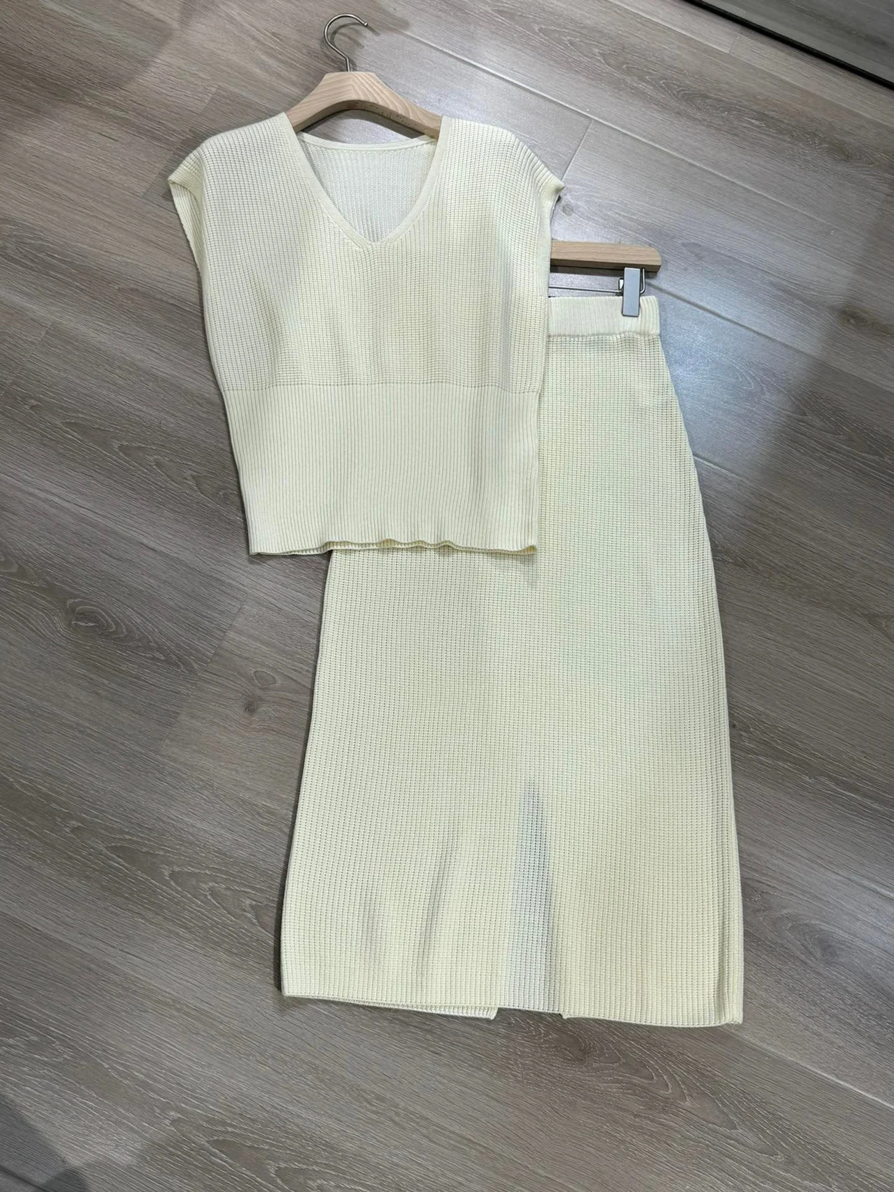 Conjunto de 2 piezas para mujer, Jersey de punto sin mangas y falda de cintura elástica, traje de primavera