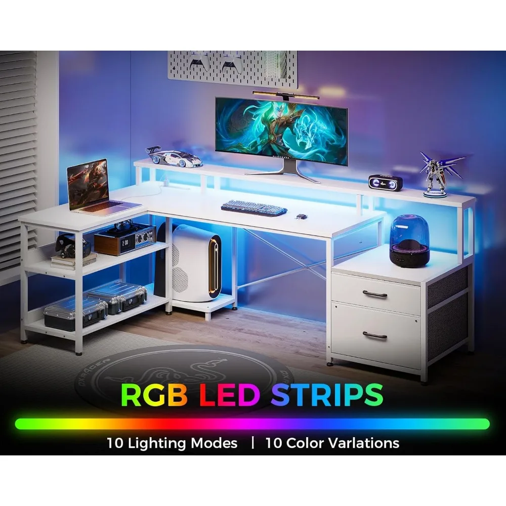 L Shaped Desk, 66" Reversible L Shaped Computer Desk with Power Outlet & LED Strip, Home Office Desk with Storage Shelves