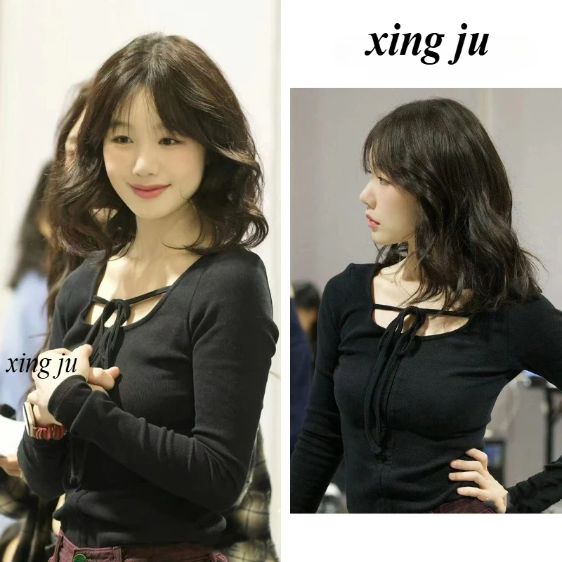 

Kpop корейская певица, летняя сексуальная черная футболка с длинными рукавами, топы на шнуровке, женские костюмы для джазовых танцев, одежда для ночного клуба, диджея