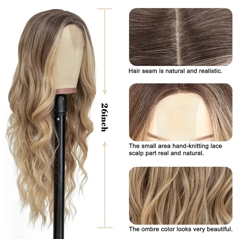 

Wig Synthetic Long Lace Ombre Blonde Wavy Wig For Women 26 Inch Middle Part Curly Natural Looking Heat Resistant Fiber For Daily