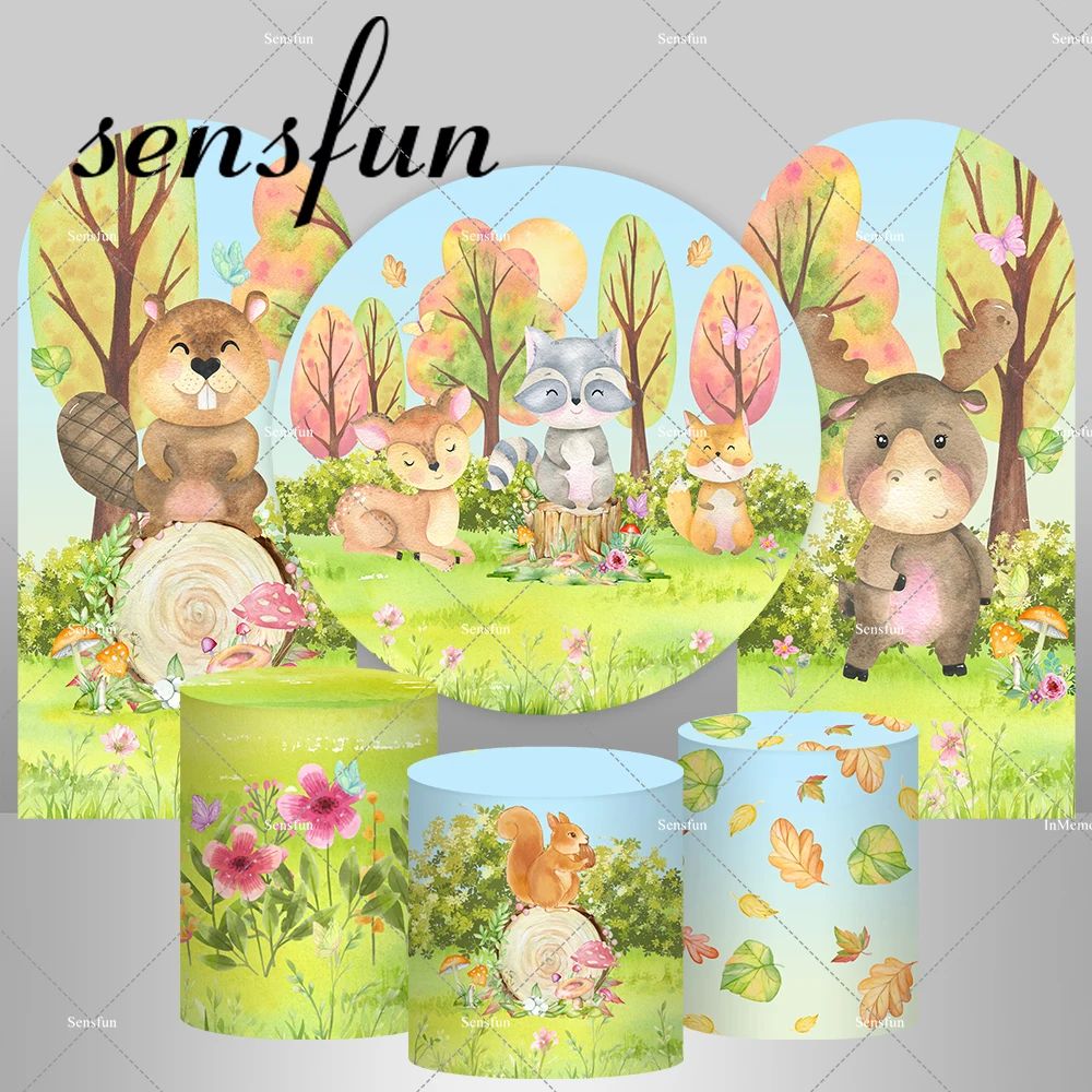 

Woodland Baby Shower Round Backdrop Cover Jungle Animal Oh Baby Boys Kids Happy Birthday Party Customized Arch Backgrounds