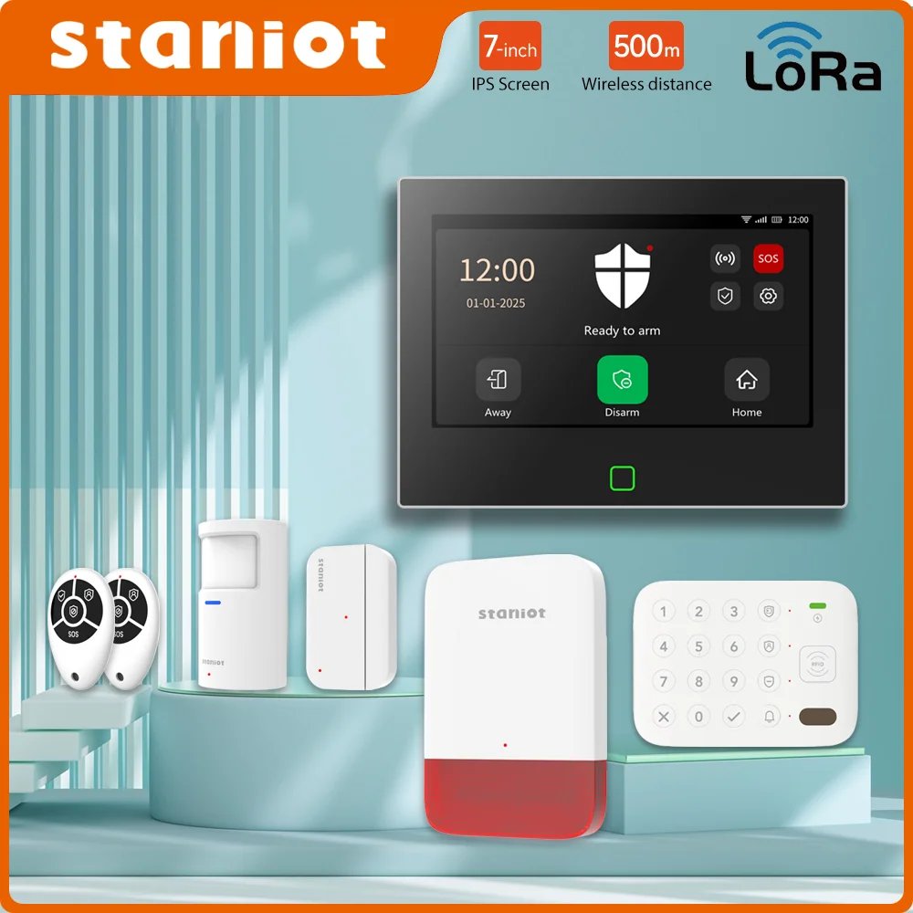 Staniot 7인치 Lora 보호 키트 WiFi 4G Tuya 스마트 홈 경보 시스템, 5000mAh 배터리 500M 거리 Alexa와 함께 작동