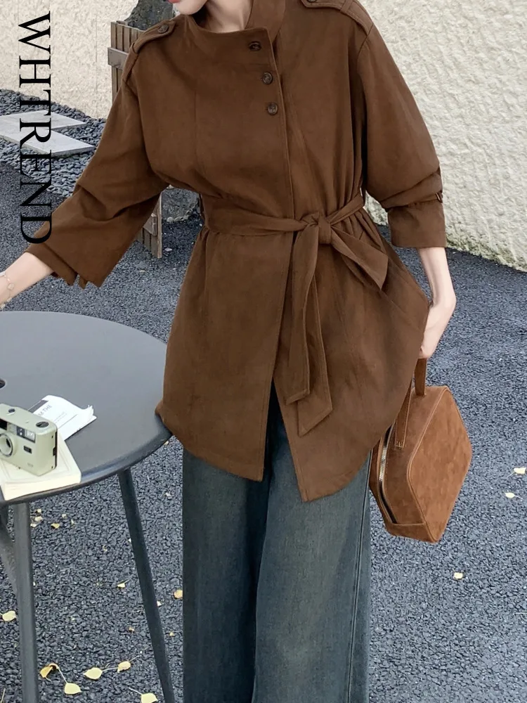 

WHTREND Short Trench Coat For Women Lapel Solid Color Fashion Streetwear Belt Windbreaker Jacket 2025 Autumn New WH1411