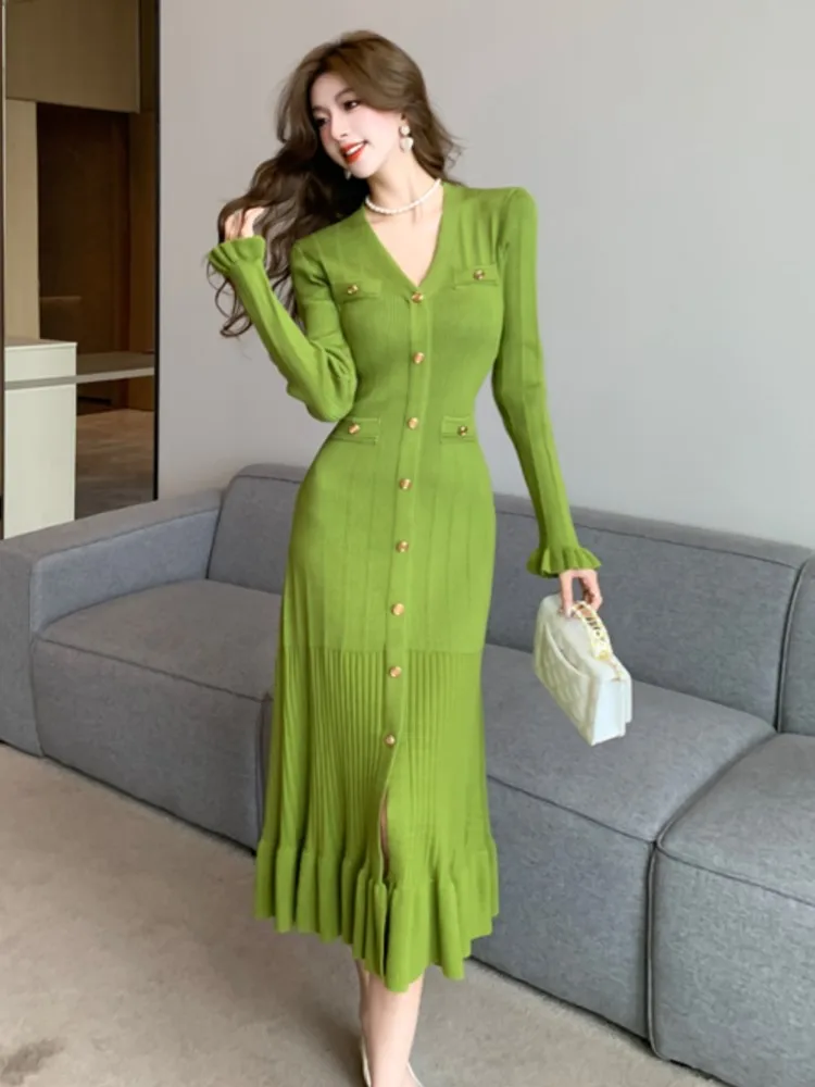 

Women's Knitted Dress Long Spring/Autumn Celebrity Slim Fit Ice Silk Long Sleeve Knitted Dress Fish Dress