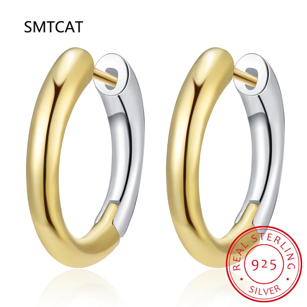 

Real 925 Sterling Silver Fashion Minimalist Geometric Silver Gold Two Colors Round Hoop Earrings For Women Wedding Party Jewelry