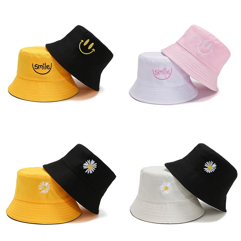 Small Daisy Double-sided Bucket Hats for Women Spring and Summer Korean Version New Sunshadesun Hat Thin Pink Panama Cap