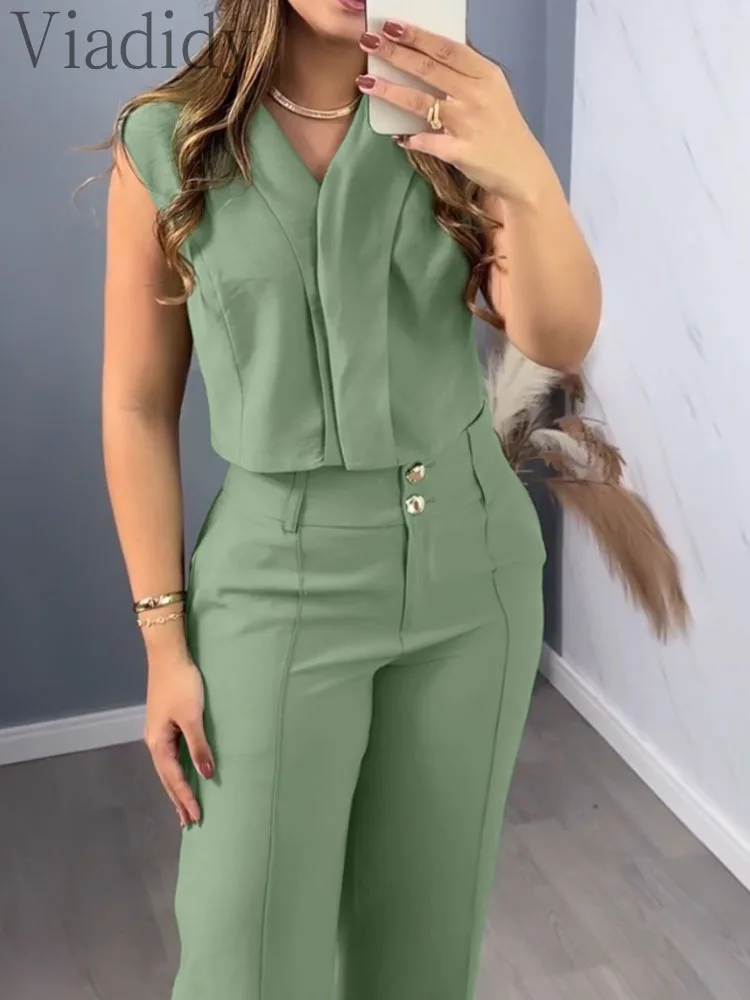 

Women's Casual V-Neck Sleeveless Ruched Top and High Waist Button Wide Leg Pants 2pcs Set