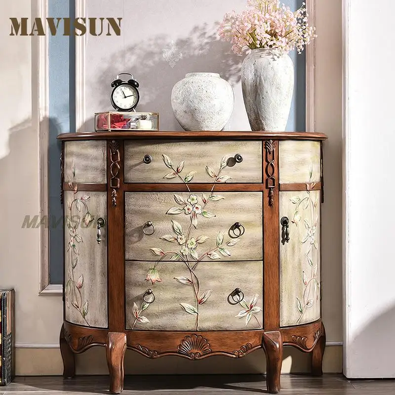 Light Luxury Retro Painted Living Room Partition Cabinet Sideboard Apartment Semi-Circle Corridor Small Wooden 3 Drawer Cabinet