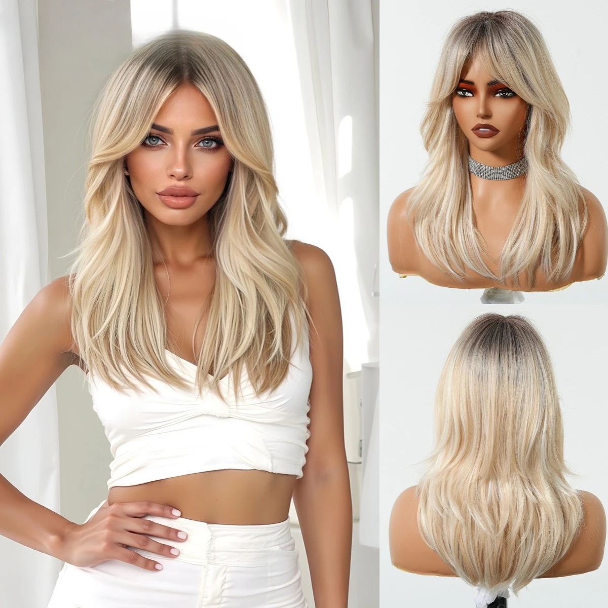 

Hot-selling gradual change blond eight-character bangs long hair micro-curl fashion wig full hair