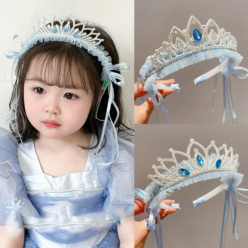 Neues Elegantes Glänzendes Kristall-Haarband für Mädchen, Modisches Blaues Spitzenband mit Langem Band, Krone für Kinder-Party Haaraccessoire – Detail 3