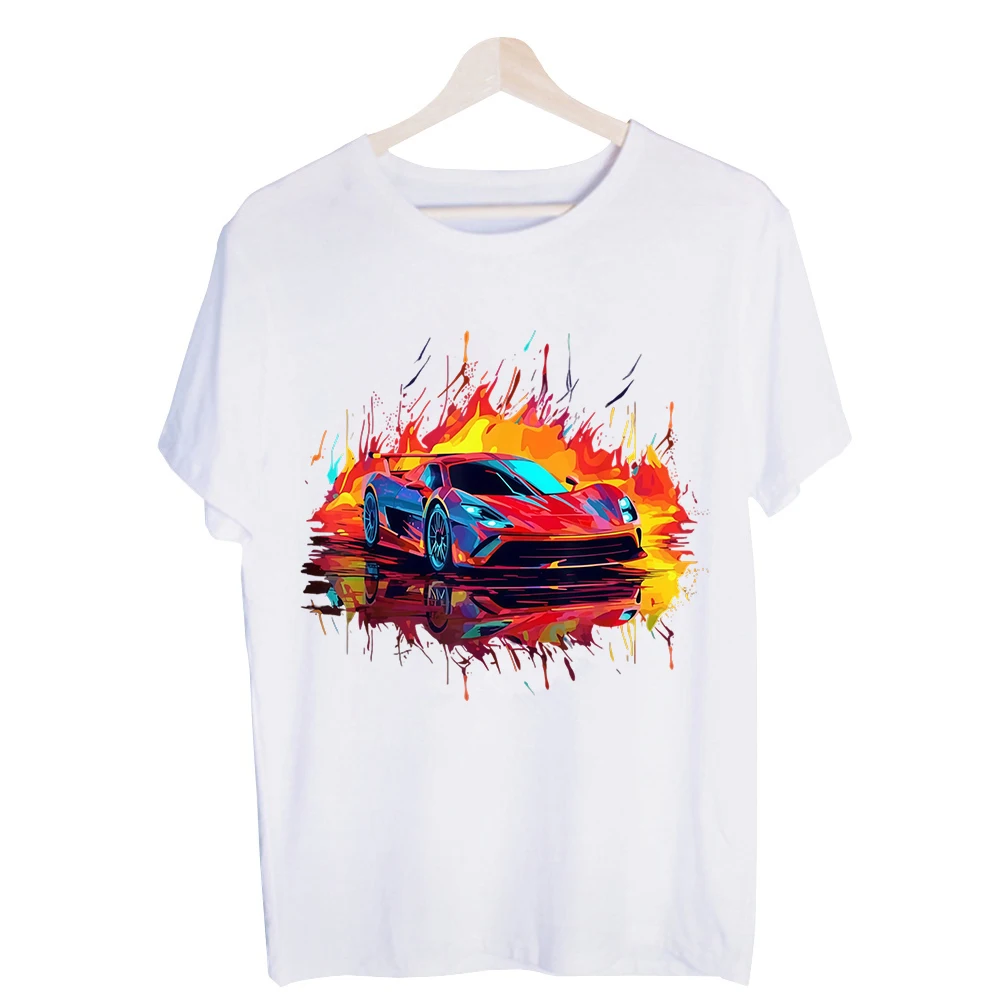 Men's Colorful Sports Car with Flame Graphic Tee, Short Sleeve Crew Neck T-Shirt for Casual Streetwear and Summer Outfits