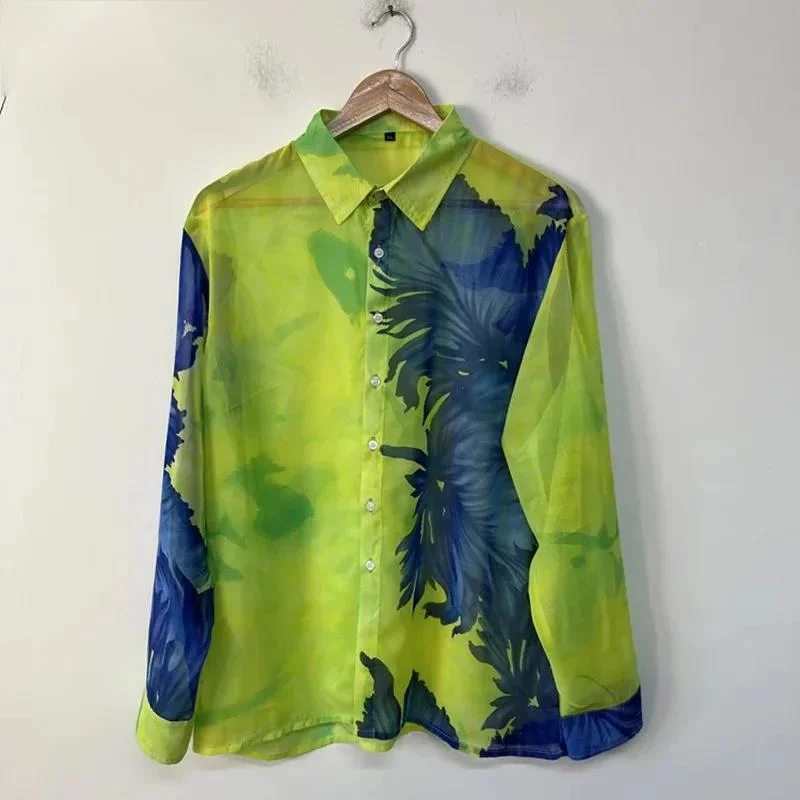 Loose Men's Shirt Contrast Color Trendy Semi-Transparent Chiffon Design Long Sleeve Turn-down Collar Men Shirts XSW3