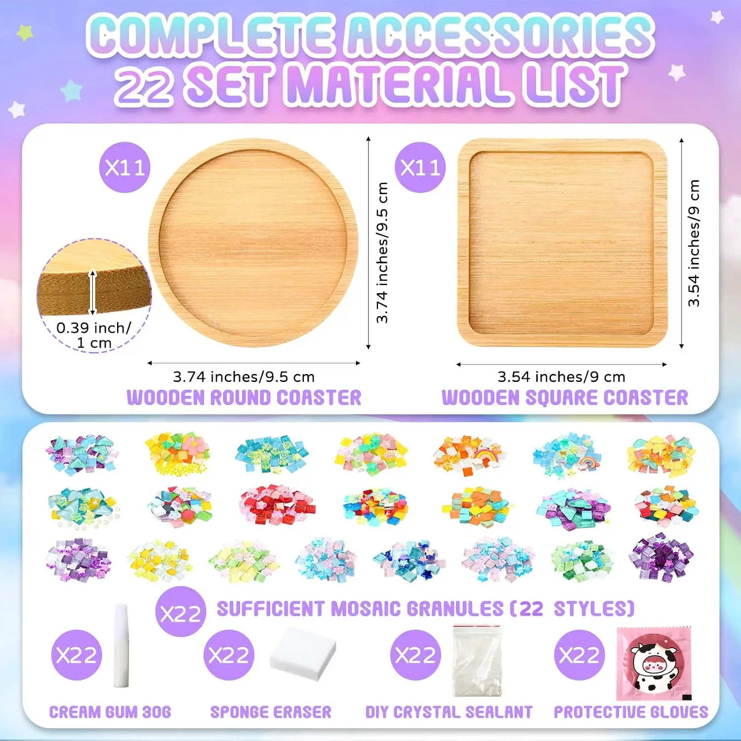DIY Glass Mosaic Tiles for Crafts, Mixed Color Mosaic Kits with Wooden Coaster for Adults, Make Your Own Stained Glass Coaster for Handmade Home Birthday Gifts(Classic Style,22 Sets) view 2