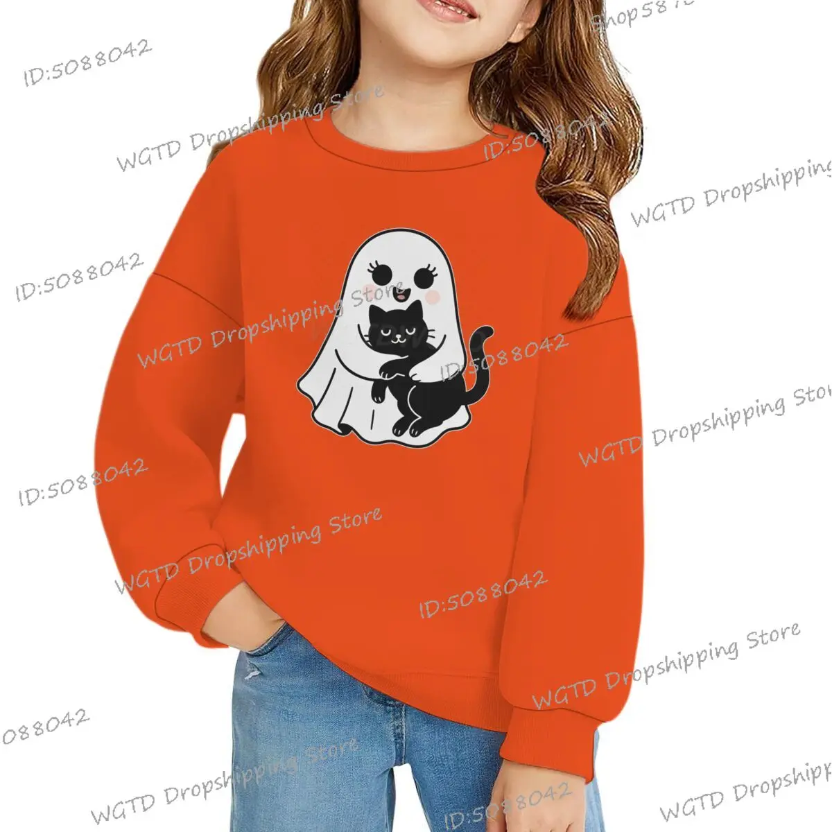 

Одежда на Хэллоуин для мальчиков и девочек, толстовки с длинными рукавами и забавным принтом «Бу и кошка», осенний повседневный спортивный пуловер, свитшот