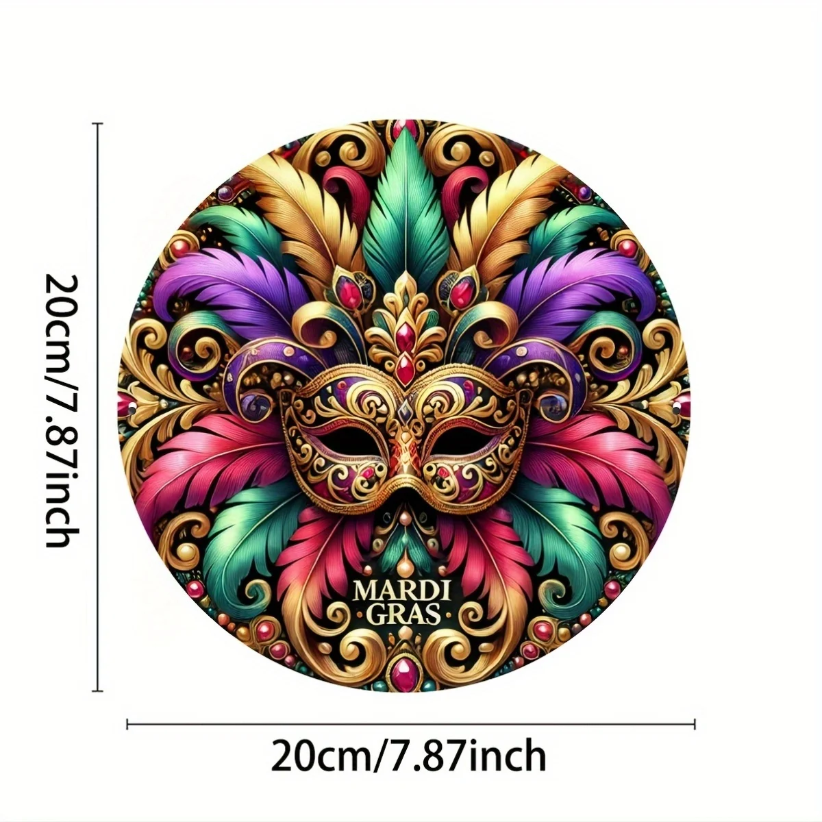 1pc Vintage Golden Mardi Gras Mask Aluminum Wall Art, 20.32x20.32 cm Round Decorative Sign with Vibrant Feather Design, Easy to