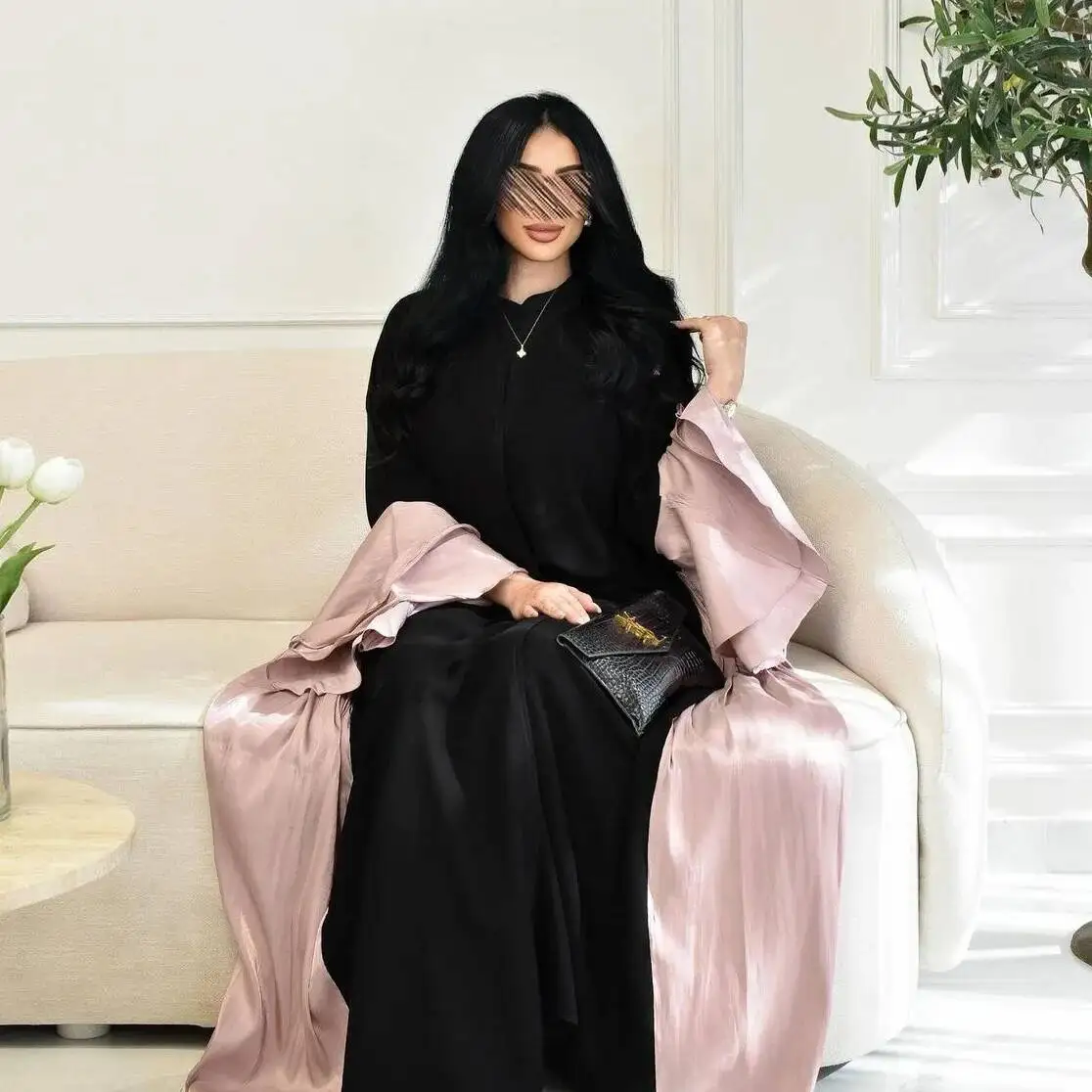 

Mq124 Women's Modest Fashion Muslim Abaya Cardigan Bright Silk Satin Dress Ruffle Sleeves Ramadan Dubai Luxury Islam Elegant