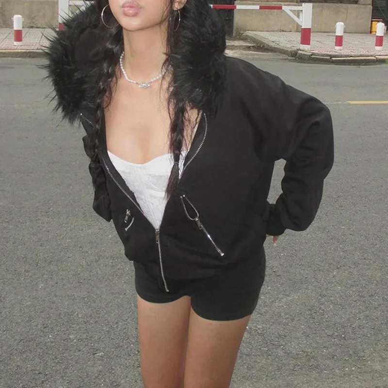 Donkere stijl grote bontkraag capuchon loszittende casual trui jas dames trendy rits modieuze nieuwe top Y2K