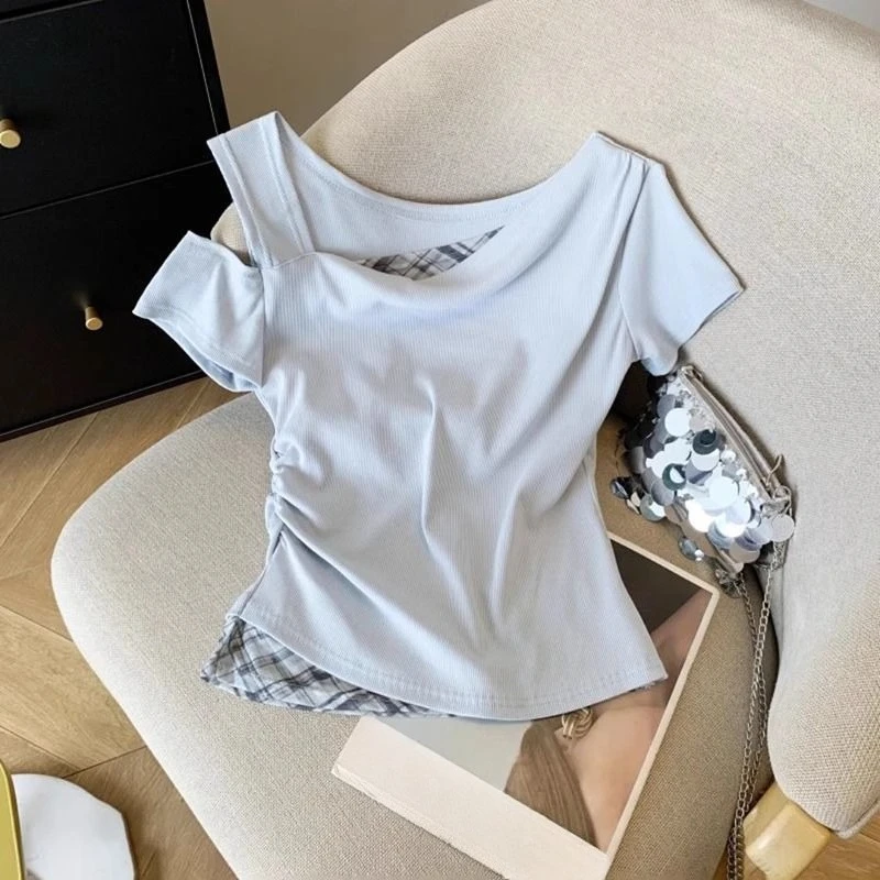 Girls Off Shoulder Fake Two Piece T-Shirt Short Sleeve Summer Kids Top Slim Fit Color Block Splicing Tee for Big Girls Age 7-14​