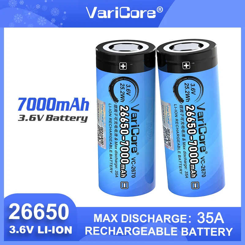 

Литий-ионный перезаряжаемый аккумулятор VariCore 3.7V 7000mA 26650 VC-2670, подходит для мощных фонарей и налобных фонарей.