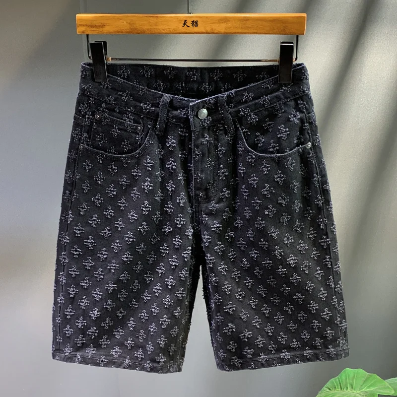 2025 Summer New Trendy Scratched Denim Shorts for Men, Loose Straight, Fashionable Street Casual Black Pentagram Pants