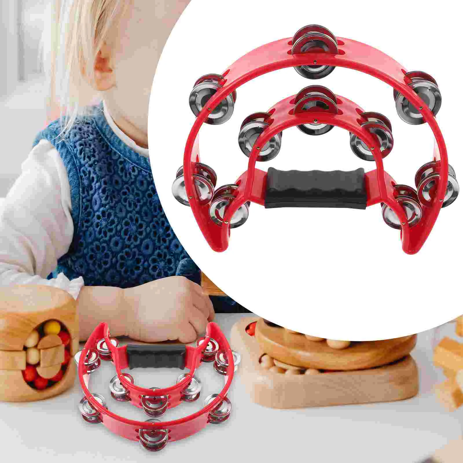 

Double Row Tambourine Half Moon Metal Musical Jingles Tambourine Hand Held (Red)