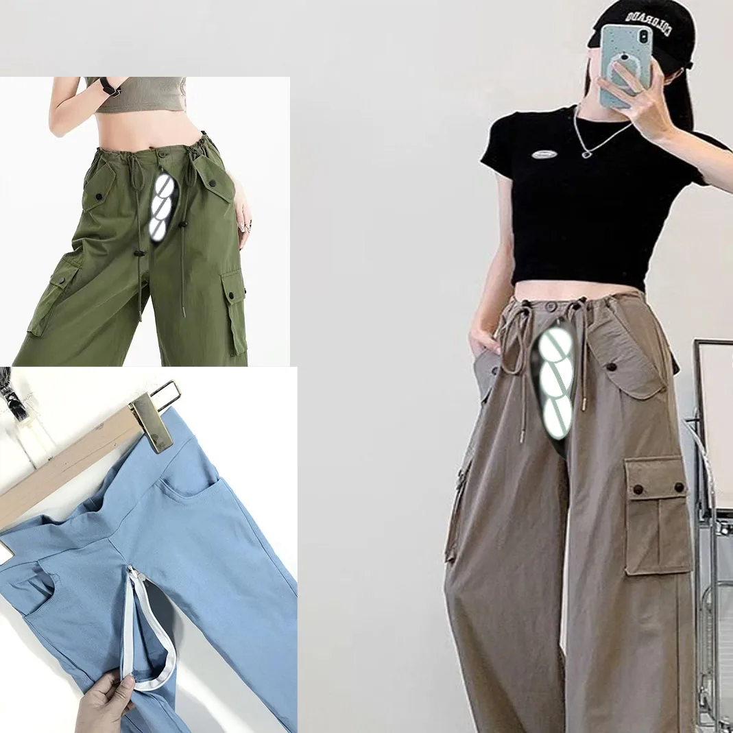 

Open Crotch Outdoor Sex Overalls Women Summer Thin High Waist Y2k Wide Leg Pants Casual Streetwear Vintage Track Cargo Trousers