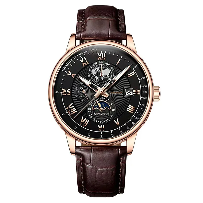 Luxury Brand Watch for Men Trendy High End Light Versatile Quartz Watch Leather Strap Fake Three Eye Fashion Business Wristwatch