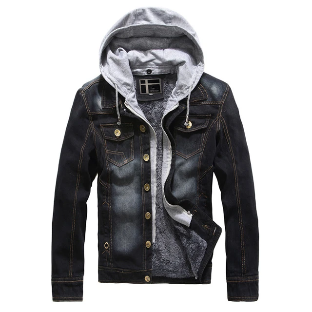 Mens Hooded Denim Jacket Brand Designer Jackets Winter Fleece Jeans Jacket Men Fake Two Pieces Slim Fit Coats Overcoat Coat Male