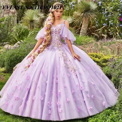 EVLAST Anpassad Lilac Quinceanera Klänning Balklänning 3D Blommig Applikation Pärlor Mexican Sweet 16 Vestidos De 15 Anos SQ516 10 best sales lila balklänning - №5