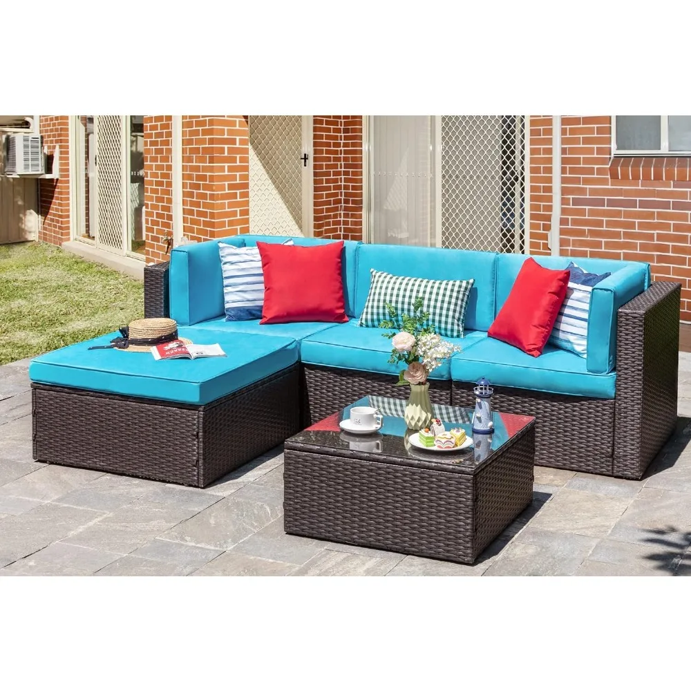 

5-piece furniture set, all-weather PE wicker outdoor sofa, small courtyard conversation garden sofa with Ottoman glass table