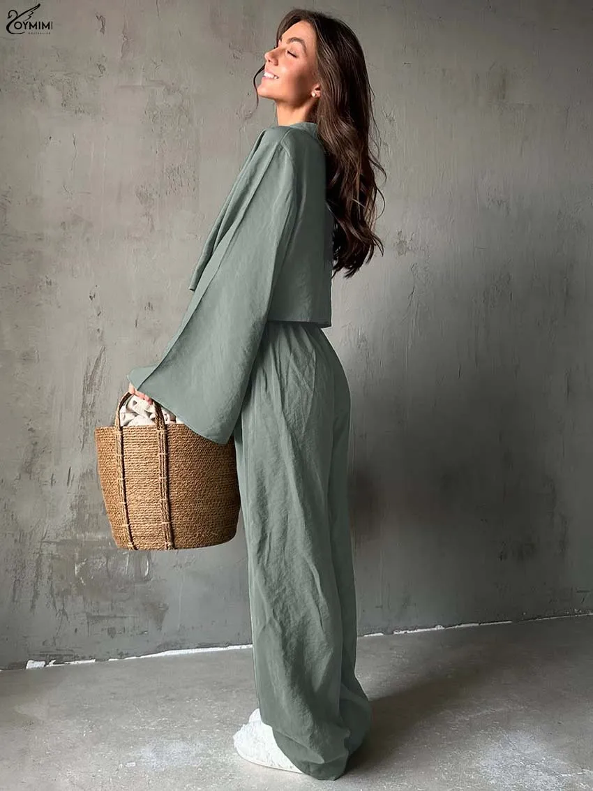 Oymimi أنيقة خضراء فضفاضة 2 قطعة مجموعات امرأة الزي موضة كم طويل الدانتيل متابعة القمصان والرباط مستقيم بنطلون مجموعات