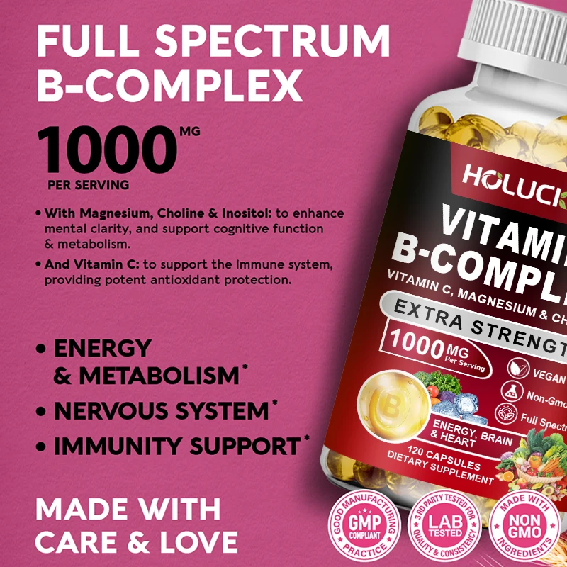 Vitamin B Complex Supplement - B1, B2, B3, B5, B6, B7, B8, B9, B12 with Vitamin C, Choline, Inositol - Energy, Brain & Heart