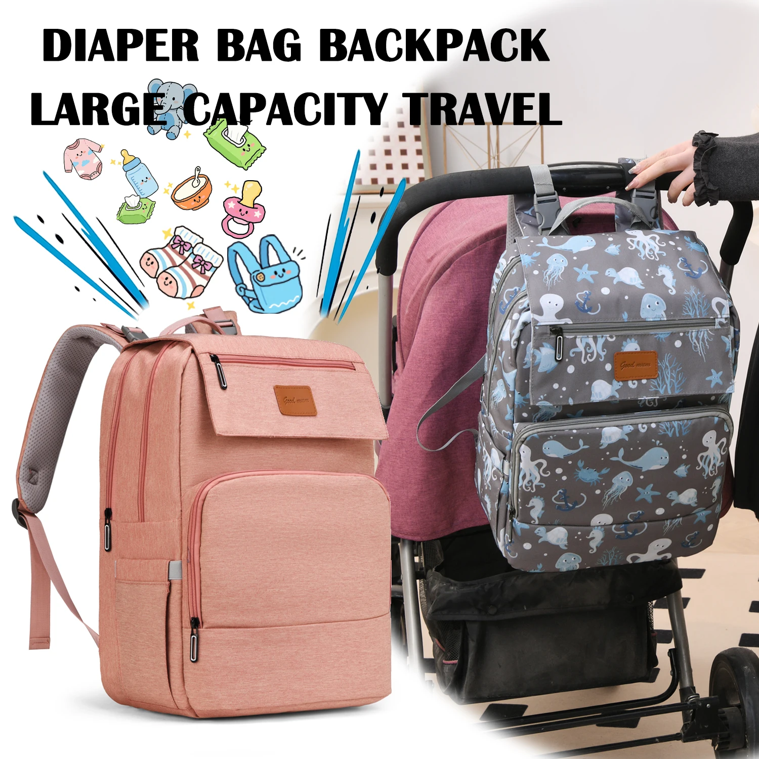

Diaper Bag Backpack, Nappy Changing Bags Multifunction Travel Back Pack with Stroller Straps & Pacifier Case, Unisex andStylish